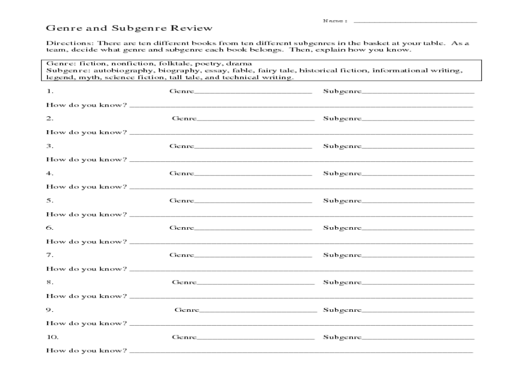 Genre and subgenre worksheet 2 answer key