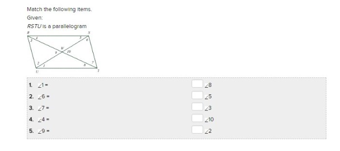 Match the following items. given rstu is a parallelogram